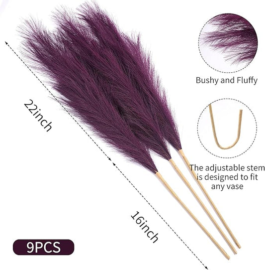 9 Stems Purple Pampas Grass - 38 Inch Tall Faux Pompous Grass Decor, Big Artificial Pompas Floral for Vase Filler, Wedding, Party and Home Decor (Purple)