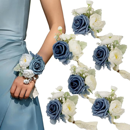 Dusty Blue Corsages for Wedding(Set of 6),Corsages for Prom,Party Prom Hand Flower Decor,Mother of The Bride Corsage,Bridesmaid Wrist Corsage