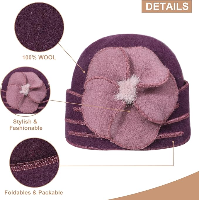 Sumolux Beanie Hats for Women Wool Skull Cap Beret Floral Cuffed French Vintage Dress Cloche Classic Winter 1920s