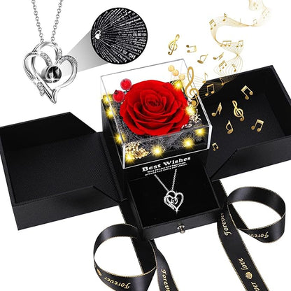 Christmas Birthday Gifts for Women - Preserved Real Rose with I Love You Heart 100-Language Necklace, LED Lights & Music Gift Box, Christmas for Women Girlfriend Mom