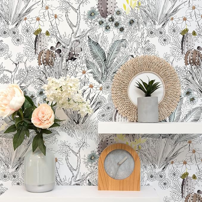 Wudnaye Gray Floral Peel and Stick Wallpaper Vintage Contact Paper 17.7 inch × 196.8 inch Self Adhesive Cactus Wall Paper Stick and Peel Flower Removable Botanical Wallpaper for Bathroom Boho