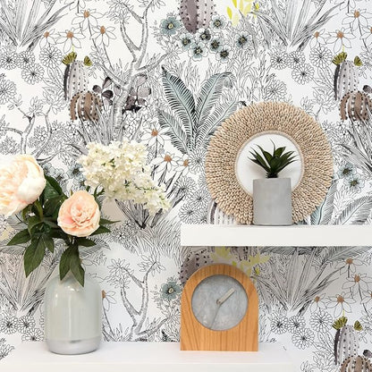 Wudnaye Gray Floral Peel and Stick Wallpaper Vintage Contact Paper 17.7 inch × 196.8 inch Self Adhesive Cactus Wall Paper Stick and Peel Flower Removable Botanical Wallpaper for Bathroom Boho