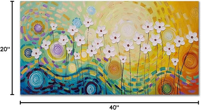 Yihui Arts Hand Painted Textured Floral Oil Painting on Canvas, Vibrant Abstract White Flower Wall Art with Colorful Swirls, Modern Home Decor for Living Room Bedroom