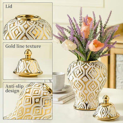 White and Gold Vase with Lid, Ginger Jars for Home Decor, Ceramic Flower Vase for Home, Kitchen, Bookshelf Decor, Storage jar, Table Center Vase, Centerpieces Jarrones(12.59in)