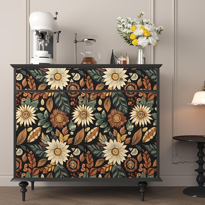 Vintage Boho Wallpaper Peel and Stick,Black Brown/Green Floral Contact Paper 17.5" x 393.7", Retro Flower Botanical Wall Paper Self Adhesive Removable Waterproof for Walls Shelves Cabinet Table Decor