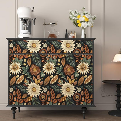 Boho Wallpaper Peel and Stick,Vintage Black Brown/Green Floral Contact Paper 17.5" x 118", Retro Flower Botanical Wall Paper Self Adhesive Removable Waterproof for Walls Shelves Cabinet Table Decor