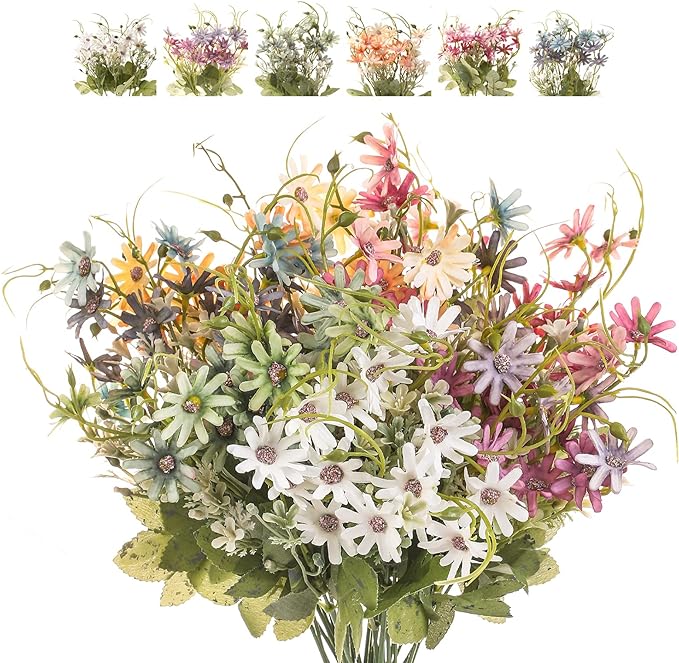 Artificial Flowers Wildflowers Silk Daisy Spring Fake Daisies Decoration Summer UV Resistant Colorful Mixed Bundles Faux Greenery Outdoor Plant Stem Filler for Home Decor Indoor Floral Arrangements