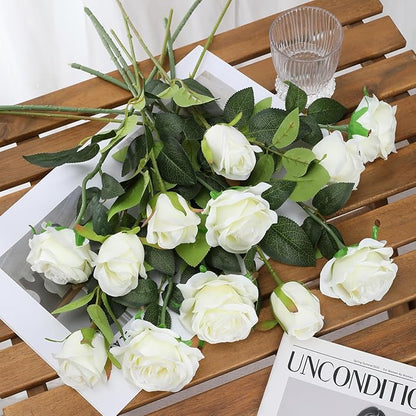 Tifuly White Roses Artificial Flowers - 12 pcs Realistic Long Stem Fake Roses Mashup Style Silk Roses for DIY Bouquets Wedding Centerpieces Arrangements Home Party Decor