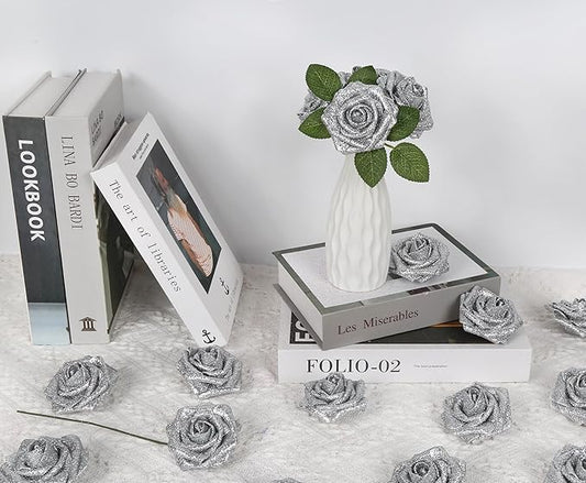 Artificial Roses 30PCS Silver Flowers 3.15" Glitter Roses Artificial Flowers with Stems for DIY Wreath Wedding Christmas Home Party Decor(Silver)