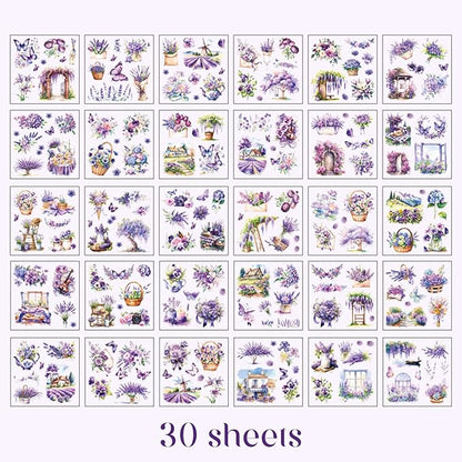 Floral Stickers Set,30 Sheets Purple Waterproof PET Clear Flower Stickers for Scrapbooking Journaling Bullet Journal Junk Journal Supplies