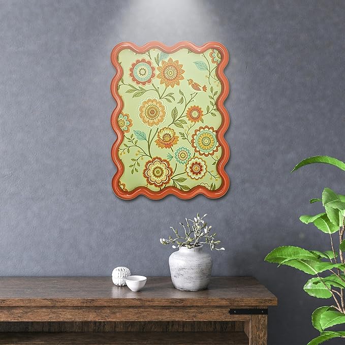 TAKORO 3D Wavy Wall Art, 11.8" x 15.75" Framed Canvas – Textured Floral & Bird Relief on Waterproof Canvas, Orange-Red Wavy MDF Frame, Modern Rustic/Boho Wall Decor for Living Room Bedroom Hallway