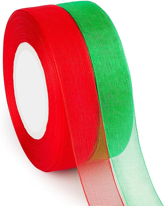 100 Yards Red & Green Sheer Organza Ribbons for Bow Making, Gift Wrapping, Christmas Decoration