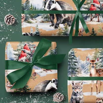 WRAPAHOLIC 30 Inch Kraft Christmas Wrapping Paper - 30 Inch x 33 Feet - Wild Animals Winterfall Watercolor Design for Christmas, Holiday, Party Celebration