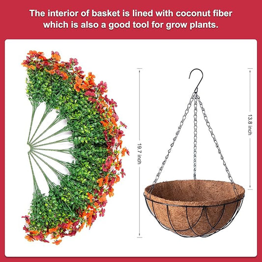 Artificial Silk Flowers Hanging Baskets for Outdoors Indoors, Daisy with Eucalyptus Leaves Arrangement for Garden Yard Decor, Faux Green Plant in Metal Coconut Lining Flowerpot(Orange Brown)