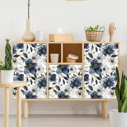 Floral Peel and Stick Wallpaper - Vintage Dark Blue/Gray Flower Boho Wallpaper - Removable, Renter Friendly - 17.71'x236.2'