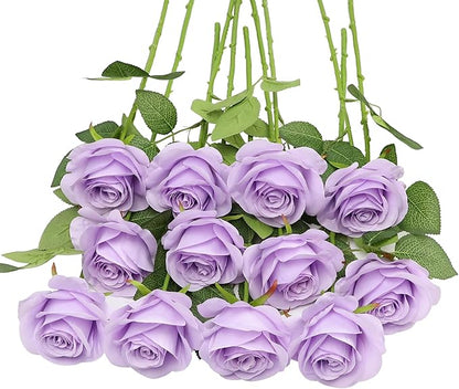 12pcs Lavender Roses Artificial Flowers Lliac Roses Purple Roses Fake Roses Flowers with Long Stems Silk Flowers for Wedding Bouquet Centerpices Decorations Party Bridal Baby Shower