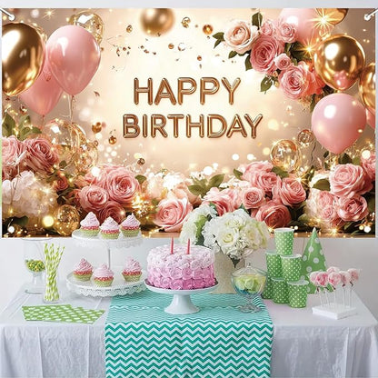 Rose Gold Birthday Backdrop Banner Pink Balloon Floral Rose Photography Background for Girls Women Gold Birthday Party Wedding Baby Shower Decor Photo Booth Supplie 71 x 43 Inch