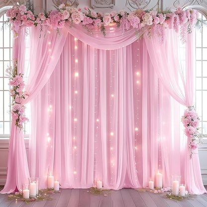 10ft x 10ft Pink Backdrop Curtain with Lights String for Parties, Sheer Tulle Wedding Photo Backdrops Drapes for Baby Shower Birthday Party Decorations Background for Photography