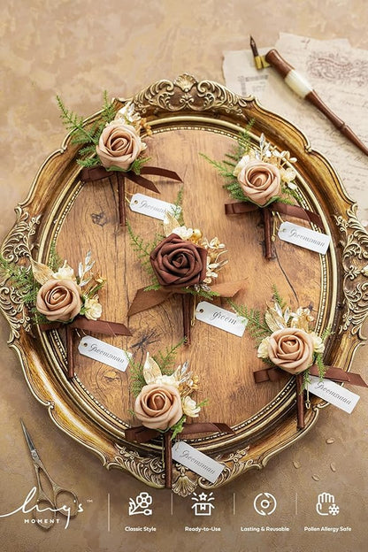 Ling's moment Boutonniere for Men, 6pcs Groom Groomsmen Boutonniere, Artificial Flowers for Wedding Decor/Prom/Homecoming, etc.Walnut Brown