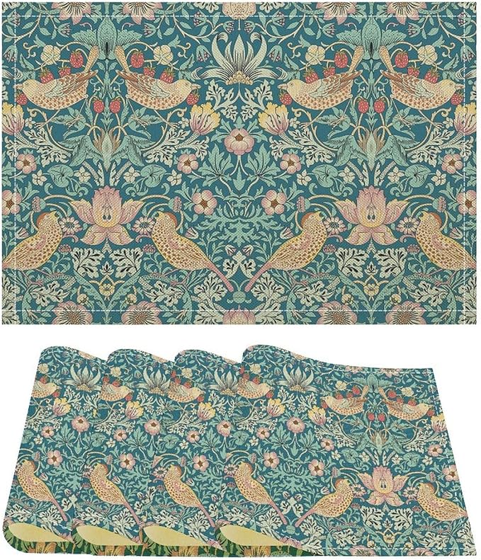 William Morris Floral Placemats Strawberry Thief Blue Art Printed Dining Table Mats Set of 4 for Home Kitchen Holiday Picnic Party Decoration 12x18in