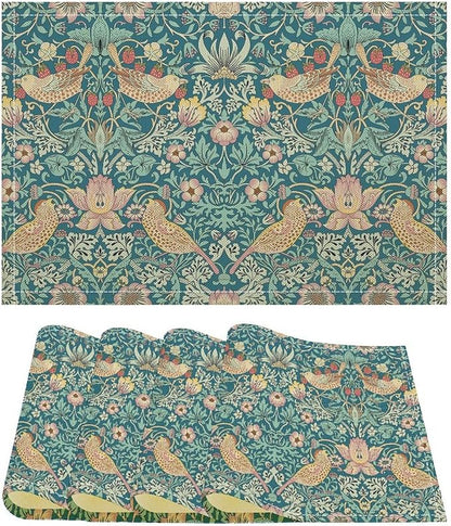 William Morris Floral Placemats Strawberry Thief Blue Art Printed Dining Table Mats Set of 4 for Home Kitchen Holiday Picnic Party Decoration 12x18in