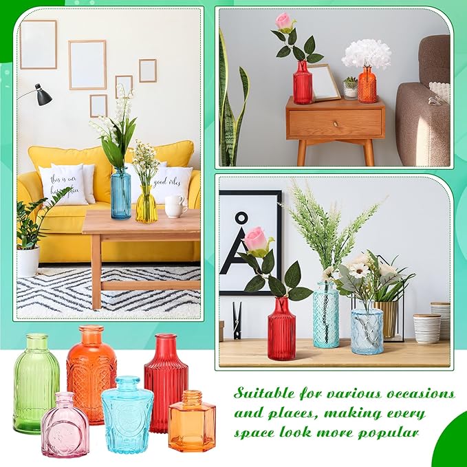 Yaomiao 60 Pcs Vases Bulk Colored Flower Glass Christmas Vases Bud Vintage Colored Glass Bottles Colorful Rustic Embossed for Home Wedding Table Decorations Gifts(Vivid Color)