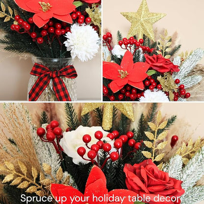 RyddeligHome Christmas Centerpieces for Tables, Holiday Table Decor, 100pcs Christmas Floral Arrangements in Vase, Pottery Xmas Decorations, Artificial Poinsettia Red Berry Pine Branches