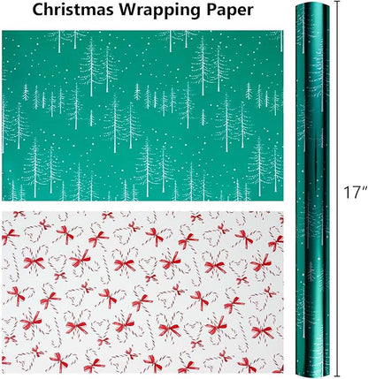 MAYPLUSS Green Christmas Wrapping Paper - 17 Inch X 33 Feet - Reversible Cute Bow Candy Cane Christmas Gift Wrapping Paper, Metallic Foil Thick Gift Wrap Paper for Holiday Party New Year Kids