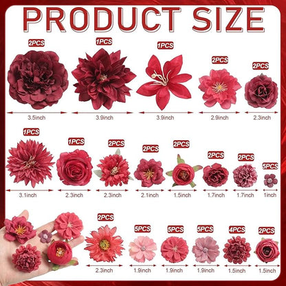 Artificial Flowers Heads Combo Red Flowers Mix Silk Flowers Heads Bulk Faux Rose for Craft Garland Graduation Cap Wedding Bridal Baby Shower Home Party Decoration DIY Cake Decor