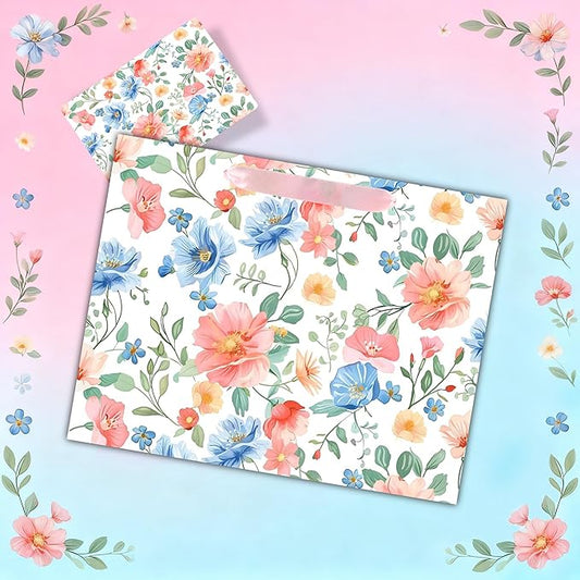 ASYEHNR 13" Large Size Floral Gift Bag Floral Pink Blue Sage Green Flower Pattern Gift Bag with Greeting Card Tissue Paper for Women Girls Birthday Baby Shower Wedding Mother's Day Spring Supplies