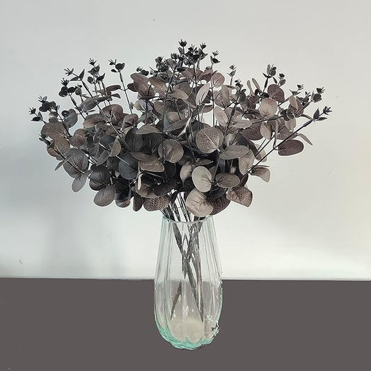 19" Faux Flowers Artificial Silk Silver Dollar Eucalyptus Stems Fake Plant for Vase Home Wedding Decor 3 Pcs (Black)