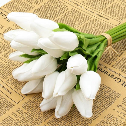 Buart Artificial Tulip in Bulk for Home Kitchen Wedding Bridal Bouquet,Fake White Flowers for Valentine's Day Mother's Day Easter Table Centerpieces Decorations(Mini Size,Real-Touch,12pcs)