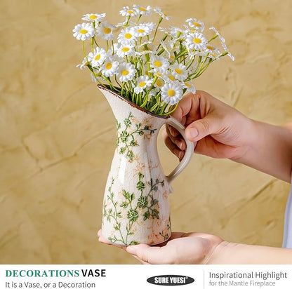 Set of 2 Vases, Green and Beige Pastoral Vintage Vase Set for Flowers, Rustic Farmhouse Decorative Vases for Home Decor, Chinoiserie Floral Vase, Living Room Table Centerpiece