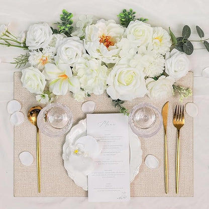 TINGE TIME Artificial Flowers Combo Mix Silk Flowers White Roses w/stem for DIY Wedding Bridal Bouquets Baby Shower Floral Arrangement Table Centerpieces Home Decorations (Ivory White)