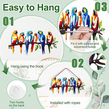 ULENDIS Metal Parrot Wall Art, Birds on Branch Wall Decor Family Sign for Front Door, Wall Hanging Decoration for Garden Living Room Balcony Patio Indoor Outdoor