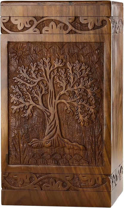INTAJ Handcarved Wooden Cremation Urn for Human Ashes - Tree of Life Design, 640lbs Capacity, Suitable for Adult Men and Women - Decorative Funeral Urn Box and Casket - Companion Urn Carved Box