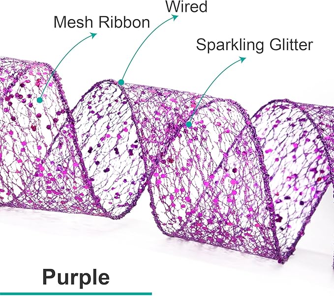 CT CRAFT LLC Sparkling Glitter Mesh Wired Ribbon 6" x 10 Yards Purple for Christmas Home Decor Bow Gift Wrapping DIY Crafts Wreath