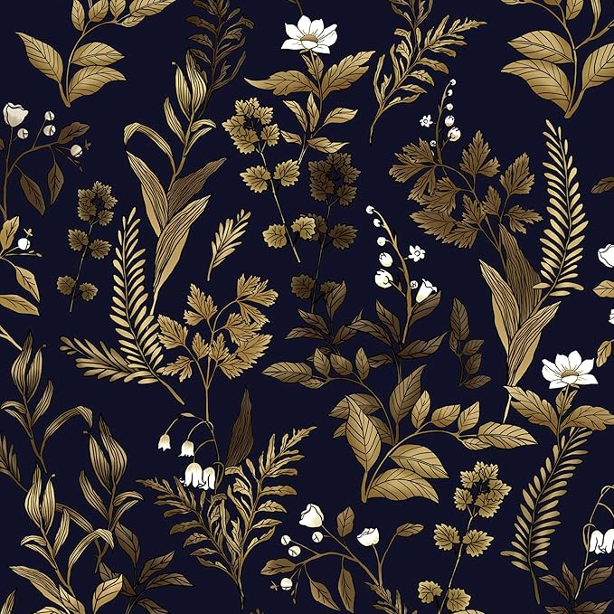 Extra Long Dark Navy Vintage Floral Wallpaper 17.5In x 393In Boho Peelable Contact Paper Botanical Wall Paper Waterproof Stick on Backsplash Bedroom Cabinet Drawer Deep Blue Yellow Gold