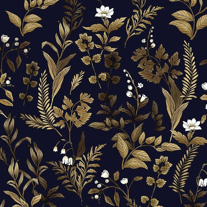 Extra Long Dark Navy Vintage Floral Wallpaper 17.5In x 393In Boho Peelable Contact Paper Botanical Wall Paper Waterproof Stick on Backsplash Bedroom Cabinet Drawer Deep Blue Yellow Gold