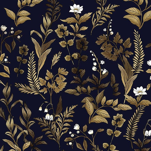 Extra Long Dark Navy Vintage Floral Wallpaper 17.5In x 393In Boho Peelable Contact Paper Botanical Wall Paper Waterproof Stick on Backsplash Bedroom Cabinet Drawer Deep Blue Yellow Gold