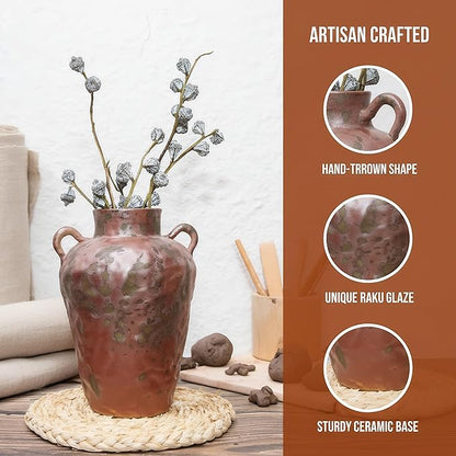 8IN Rustic Farmhouse Ceramic Vase Home Decor, Vintage Stoneware Clay Pottery Terracotta Textured for Modern Farmhouse, Living Room, Office Desk Table Shelf（Brown and Green）