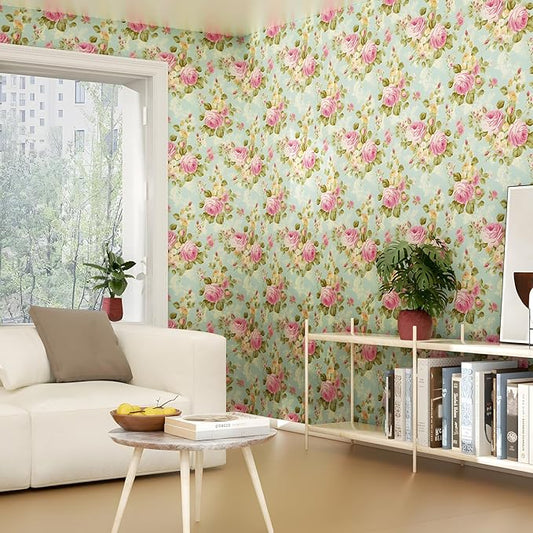 Blue Rose Wallpaper Peel and Stick Boho Wallpaper 17.5in x 9.8ft Vintage Floral Contact Paper Vinyl Self Adhesive Removable Modern Floral Wall Paper for Bedroom Shelf Liner Cabinet Decor