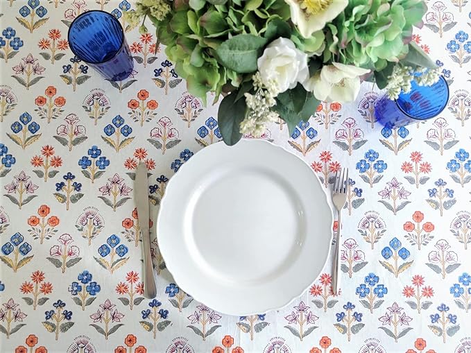 ATOSII Flora Bloom 100% Cotton Rectangle Boho Fall Tablecloth, Handblock Floral Table Cloth Linen for Kitchen Dining I Parties Wedding Outdoors Christmas Thanksgiving I 72 X 120 Inches I 10 Seater