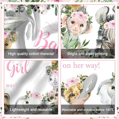 Mocsicka Girl Safari Baby Shower Backdrop Jungle Animals Sweet Baby Girl Background Pink Floral Greenery Baby Shower Party Cake Table Decoration Photo Booth Props (7x5ft)