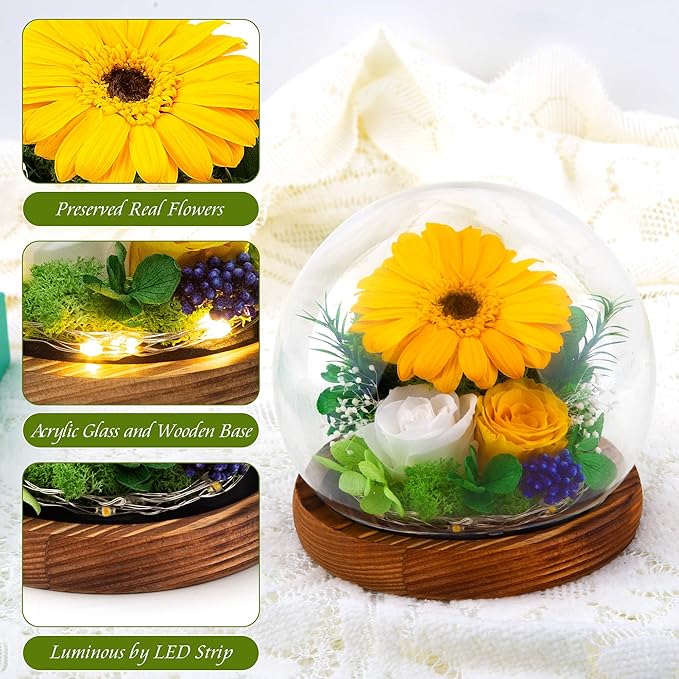 Sunflower Gifts for Women Mom Birthday Gifts for Her Preserved Real Flowers in Glass Dome with LED Strip, Forever Flowers Gifts for Wife Girlfriend Mom on Mother Day Birthday Valentine Day