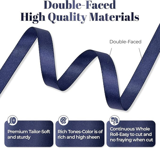 Navy Blue Satin Ribbon, Double Faced 3/8 Inch X 50 Yards Navy Blue Ribbon, Premium Satin Ribbon for Gift Wrapping, Crafts, Hair Bow Making, Sewing, Flower Bouquet, Wedding Party Decor