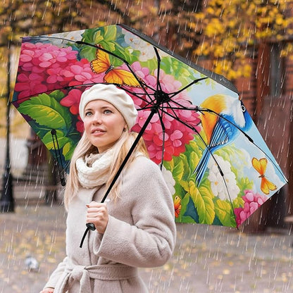 Automatic Folding Umbrella Windproof Strong, UV Protection Compact Floral Hydrangea Hummingbird Sun Rain Sun Rain Travel Umbrellas for Women Men