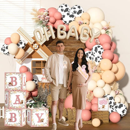 Highland Cow Baby Shower Decorations Girls, 129 PCs – Holy Cow Baby Shower Party Supplies with Floral Backdrop, Balloon Garland, It’s a Girl Cake Topper, Mommy To Be Sash, Headband