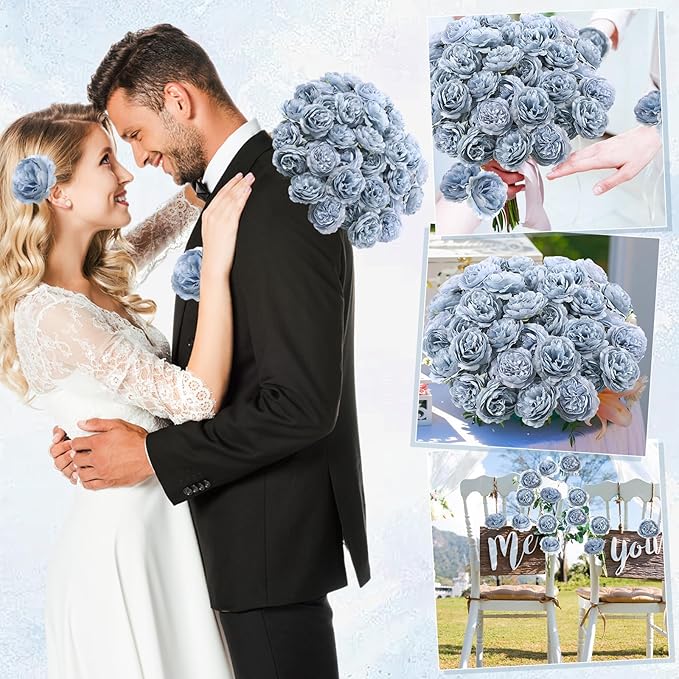 Thiccywoov 200 Pcs Flowers Long Stem Artificial Rose Bulk, 3.2 Inches Silk Rose Head Flowers Faux for Wedding Bridal Bouquet Independence Day Home Floral DIY Centerpieces Party Decoration(Dusty Blue)