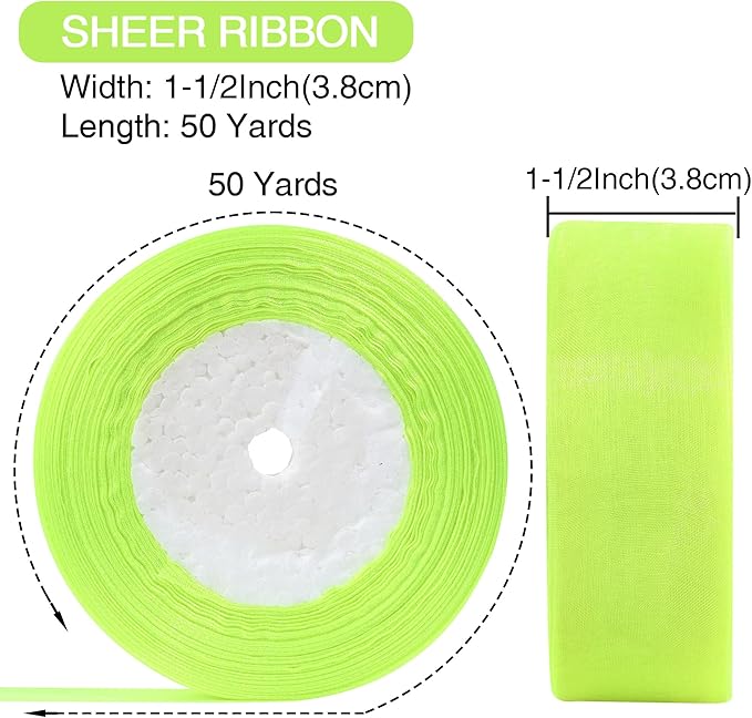 1-1/2 Inch x 50 Yards Sheer Organza Ribbon Chiffon Ribbon for Gift Wedding Flower Bouquet Wrapping Decorations Crafts (Fluorescent Green)